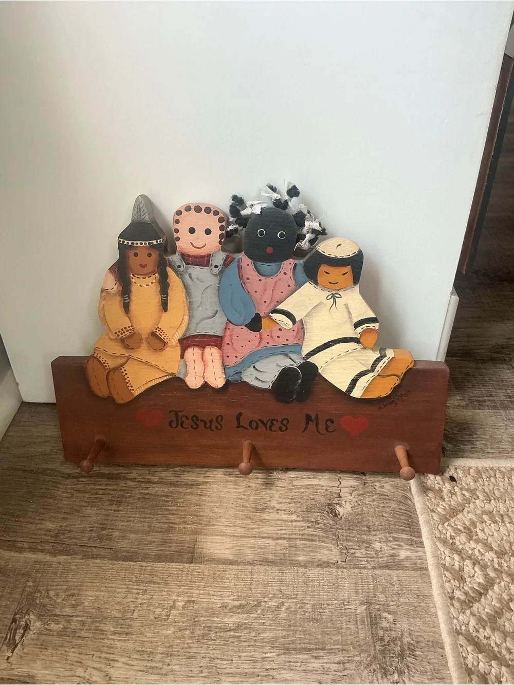 Vintage Folk Art Wooden Peg Coat Rack Jesus Loves Me Diverse Children Dolls Sign